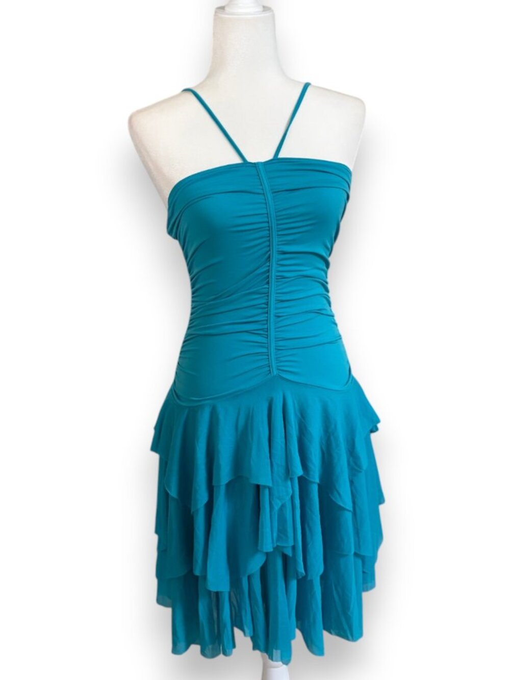 Moda International Aqua Blue Draped Asymmetric Ruffle Tube Midi Dress